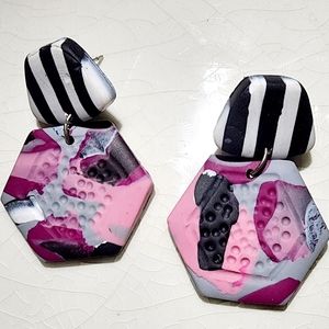 Multi pattern black and white striped flexible post dangle earrings
